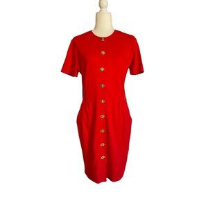 Vintage 80s Adrienne Vittadini Red Gold Button Dress | 100% Cotton | Made in Kor